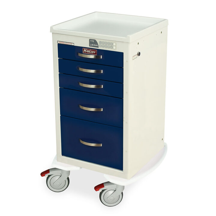 MPA1824EKC05 White and Navy Lightweight Aluminum Narrow Medical Carts - Quarter Left New Keypad New Casters