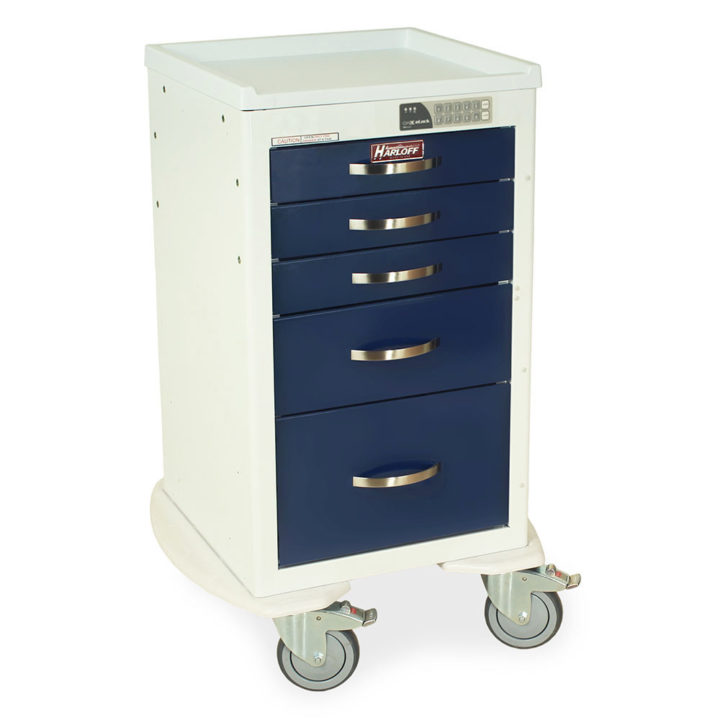 MPA1824EKC05 White and Navy Lightweight Aluminum Narrow Medical Carts - Quarter Right New Keypad