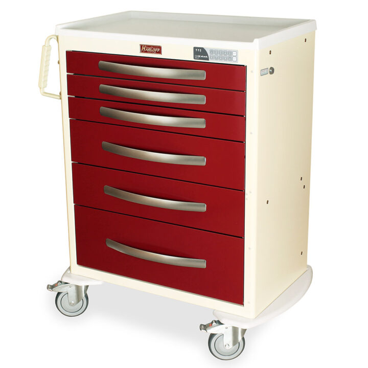 MPA3030EKC06 Cream and Burgundy Lightweight Aluminum Anesthesia Cart - Quarter Left