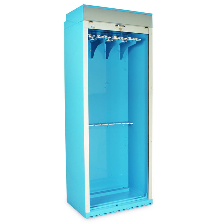 SC8036TKDP Light Blue Tambour Door Scope Cabinet - Quarter Right Open