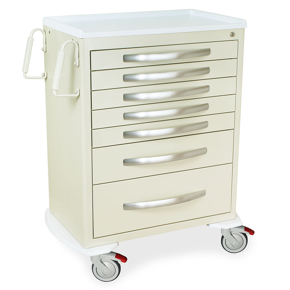 MPA3030K07 Beige Lightweight Aluminum Key Locking Medical Cart - Quarter Right New Casters
