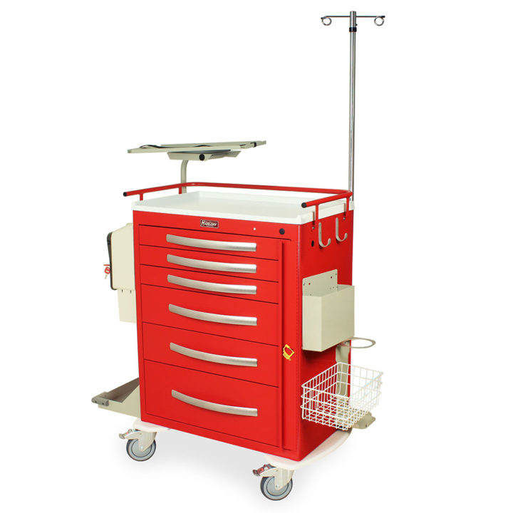 MPA3030B06+MD30-EMG3 Red Aluminum Crash Cart with Emergency Accessories - Quarter Left Front