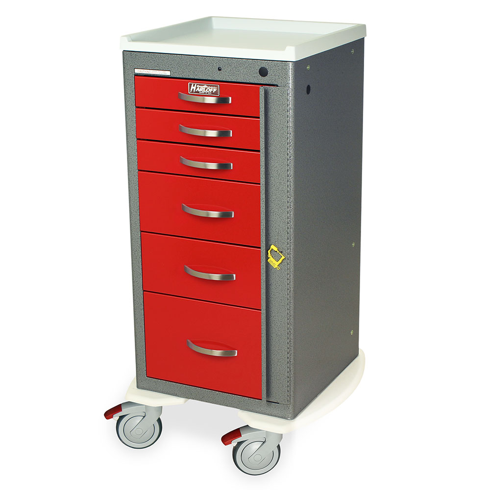 MPA1830B06 Hammertone Gray and Red Aluminum Narrow Breakaway Crash Cart - Quarter Left New Casters