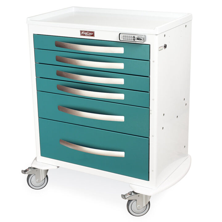 MPA3027E06 White and Teal Lightweight E-Lock Anesthesia Cart - Quarter Left
