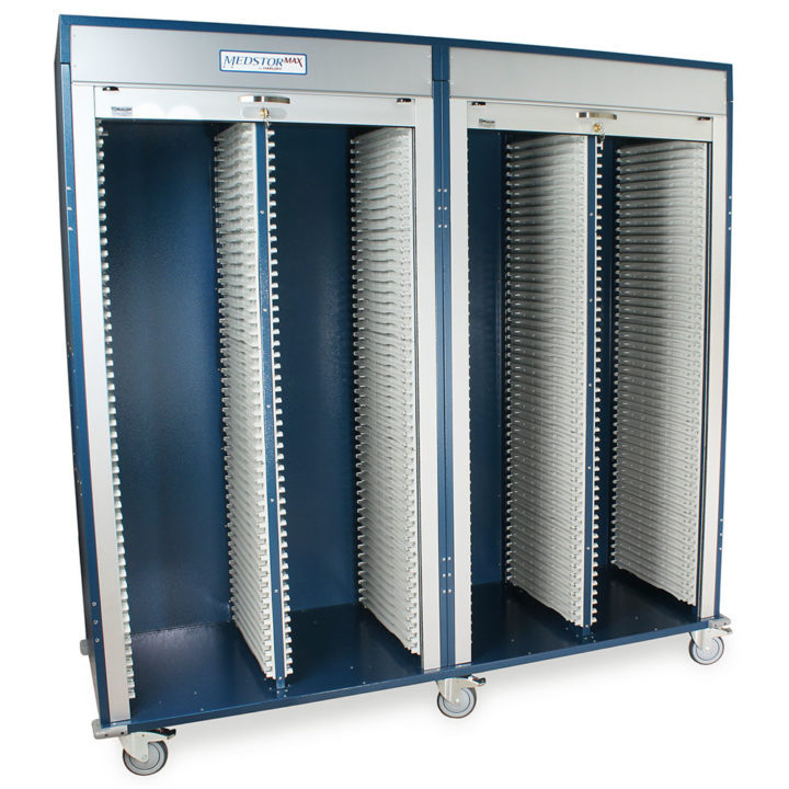 MSPM84-00TK Hammertone Blue Heavy Duty Mobile Medical Storage Cabinet - Quarter Right Open