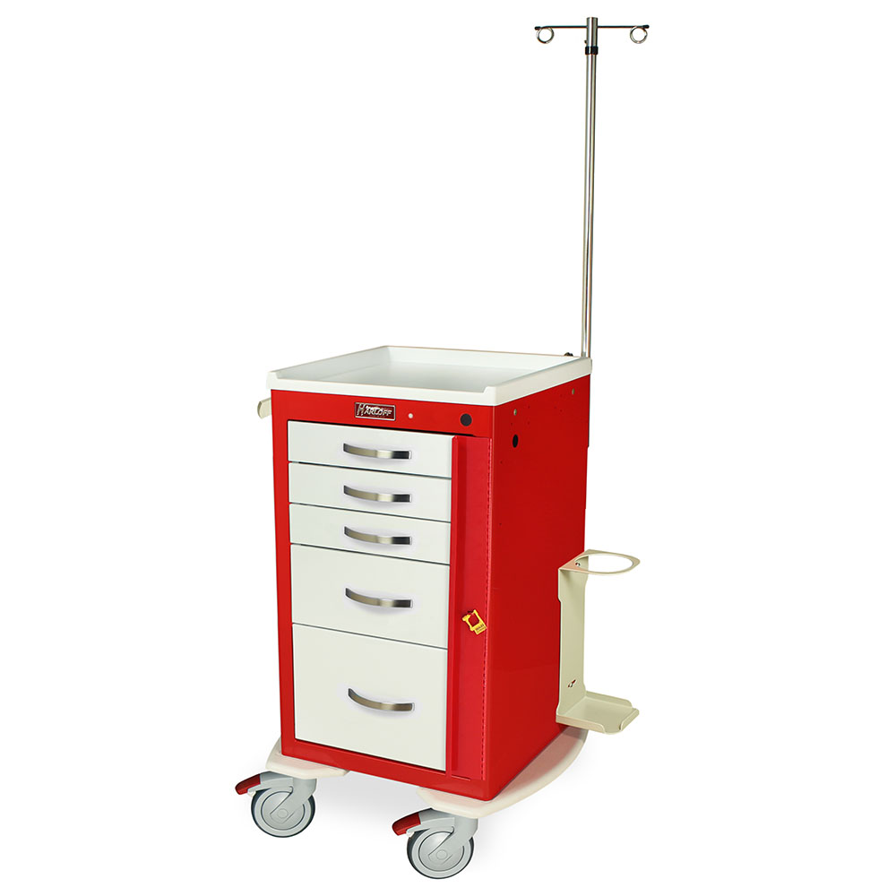 MPA1824B05+MD18-EMG Red and White Narrow Lightweight Breakaway Crash Cart - Quarter Left New Casters