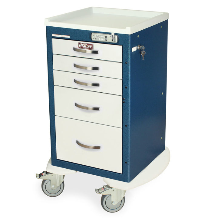 MPA1824E05 Hammertone Blue and White Narrow Aluminum E-Lock Anesthesia Cart - Quarter Left