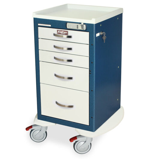 MPA1824E05 Hammertone Blue and White Narrow Aluminum E-Lock Anesthesia Cart - Quarter Left New Casters