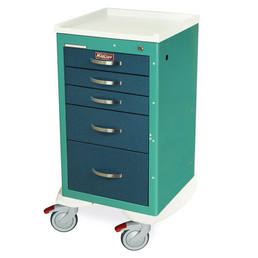 MPA1824K05 Teal Hammertone Blue Narrow Lightweight Key Lock Anesthesia Cart - Quarter Left New Casters