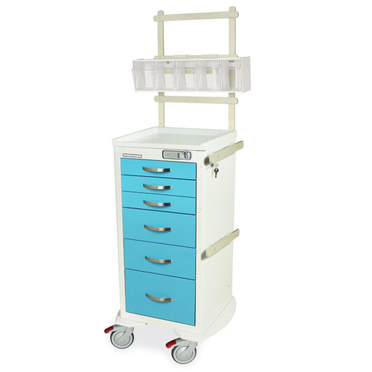 MPA1830E06+MD18-ANS White and Light Blue Narrow Aluminum Anesthesia Cart with Accessories - Quarter Left New Casters