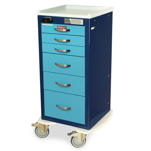 MPA1830ELP06 Navy and Light Blue Narrow Aluminum Anesthesia Cart with Prox Reader - Quarter Left