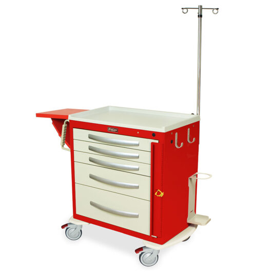 MPA3024B05-MD30-EMG1 Red and Cream Light Crash Cart with Emergency Accessories - Quarter Left New Casters