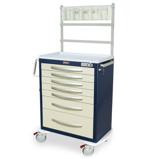 MPA3030E07-MD30-ANS Navy and Cream Light 7 Drawer E-Lock Anesthesia Cart with Accessories - Quarter Left New Casters