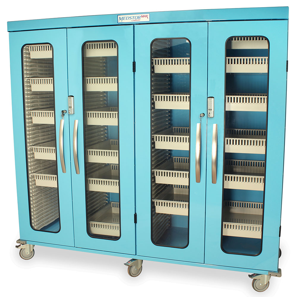 Quad Column Mobile Medical Storage Cabinet, Glass Doors, E-Lock