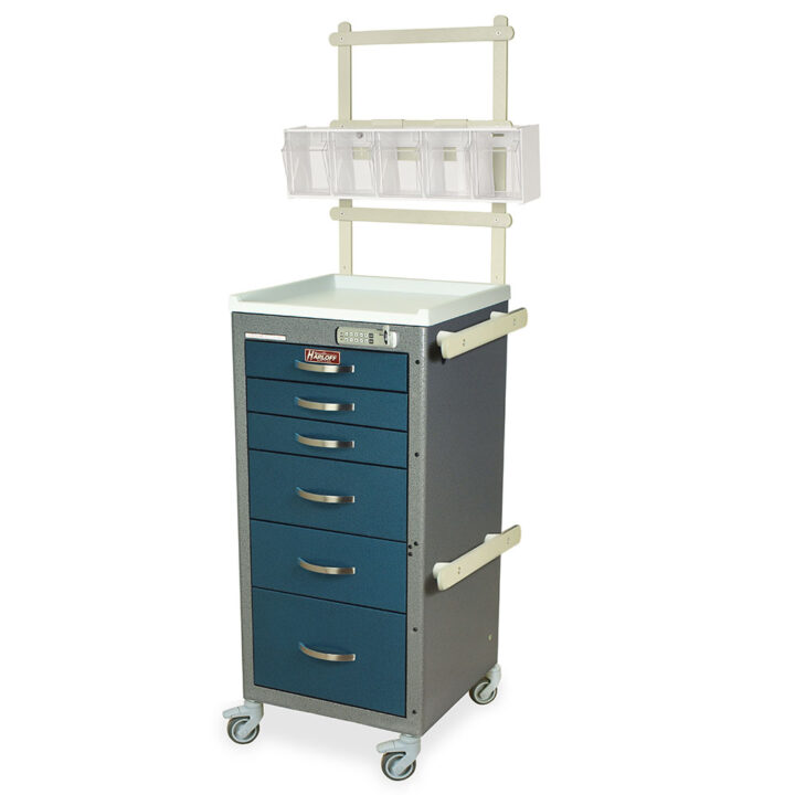 M3DS1830E06-MD18-ANS Hammertone Gray and Hammertone Blue Thin Anesthesia Cart with Accessories - Quarter Left