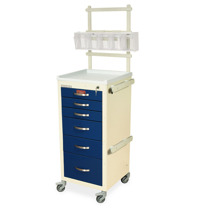 M3DS1830K06-MD18-ANS Cream and Navy Narrow Key Lock Anesthesia Cart with Accessories - Quarter Left