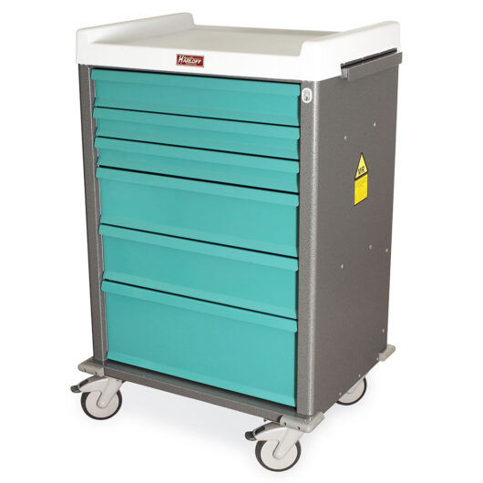 Aluminum MRI Compatible Cart, Six Drawers, Key Lock, Hammertone Gray and Teal, MR6K