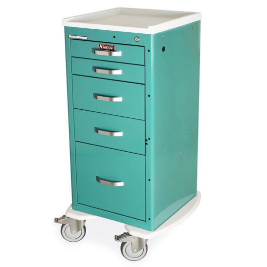 A-Series Narrow Lightweight Five Drawer Medical Cart, Tall Height, Key Lock, Teal, MPA1830K15