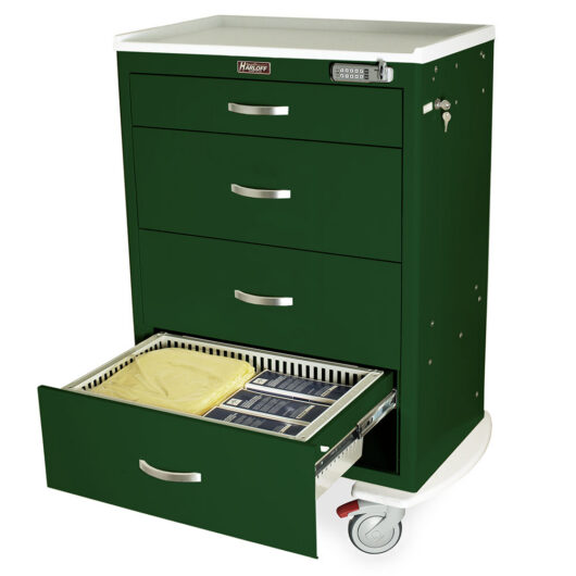 TPS3028EC4 Forest Green Medical Storage Cart with Trays - Quarter Left Open