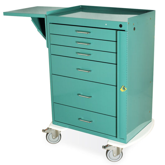 Classic Line Tall Crash Cart with Side Shelf, Six Drawer Custom Configuration, Breakaway Lock, Teal, 6016C