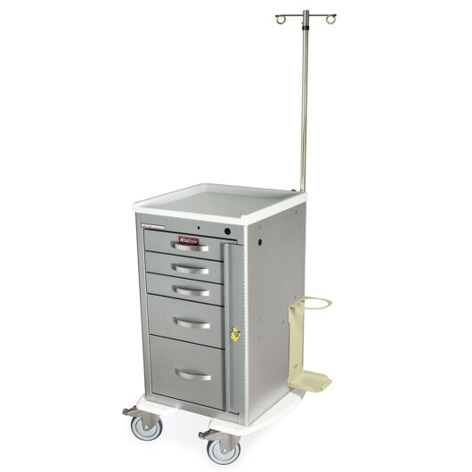 A-Series Lightweight Aluminum Crash Cart, Short Height, Mini Width, Five Drawers, Breakaway Lock, Hammertone Silver, MPA1824B05