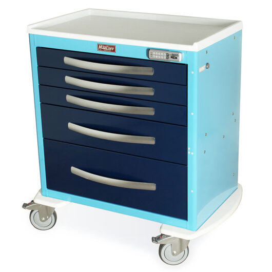 A-Series Lightweight Aluminum Medical Cart, Short Height, Standard Width, Five Drawers, E-Lock, Light Blue and Navy, MPA3024E05