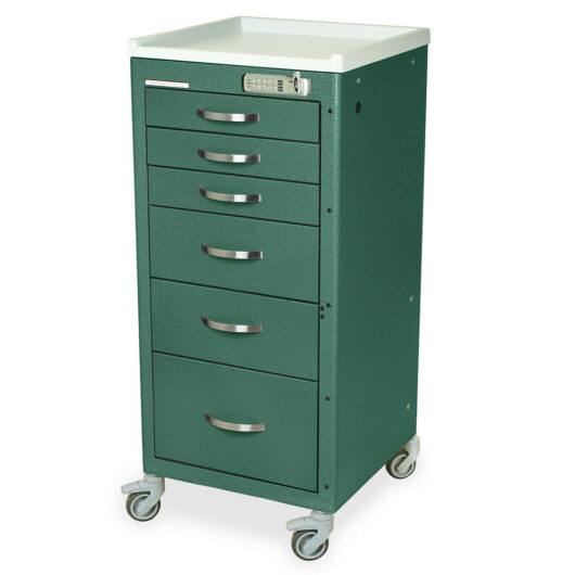 M-Series Narrow Procedure Cart, Tall Height, Mini Width, Six Drawers, Key Lock, Hammertone Green, M3DS1830K06