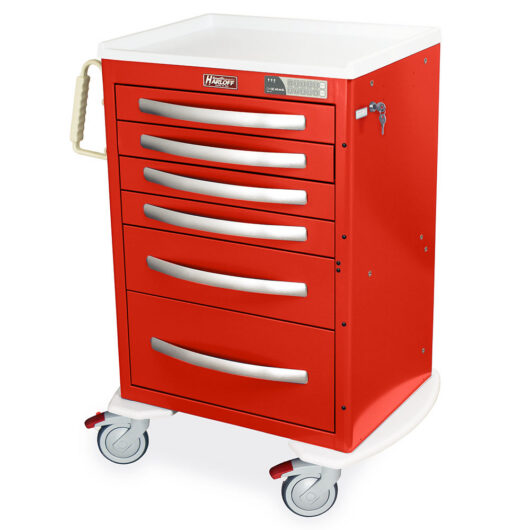 A-Series Lightweight Aluminum Treatment Cart, Medium Height, Medium Width, Six Drawers, Electronic Keypad Lock, Red, MPA2427EKC05